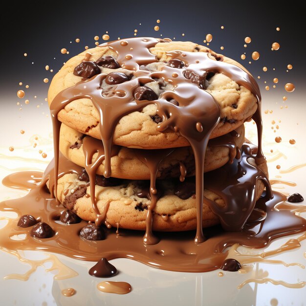 a chocolate chip cookie with chocolate syrup and chocolate on it