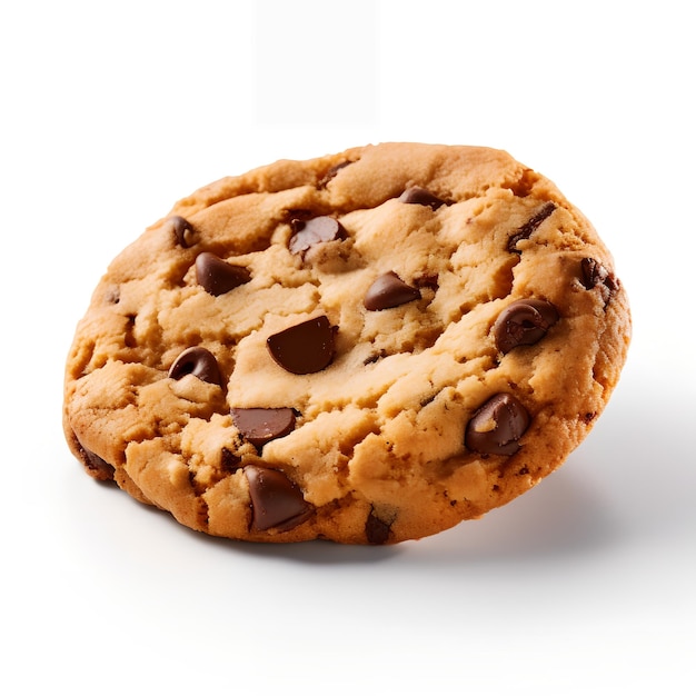 A chocolate chip cookie with a white background