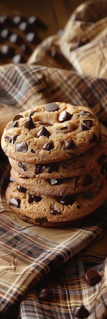 chocolate chip cookies are stacked on a wooden cutting board