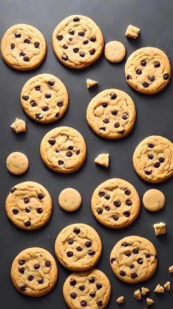 Chocolate chip cookies on a black background