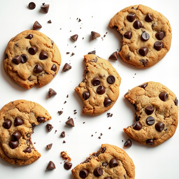 Photo chocolate chip cookies broken into pieces on a white background