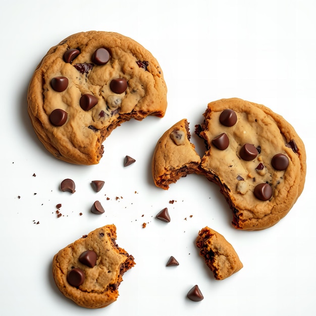 Photo chocolate chip cookies broken into pieces on a white background