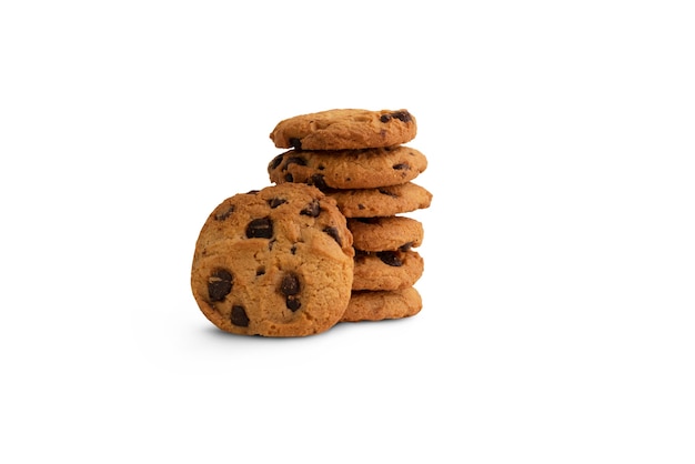 Chocolate chip cookies delicious standing with other pose on white background