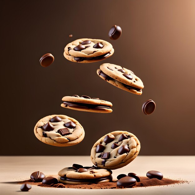 chocolate chip cookies falling on a brown background