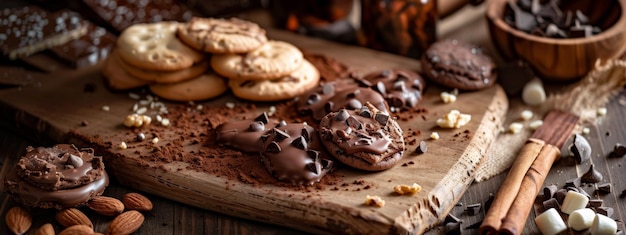 Photo chocolate chip cookies and ingredients in a rustic kitchen setting