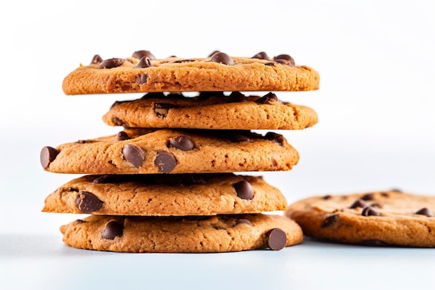 Chocolate chip cookies piled high on an isolated white studio background Ai generated