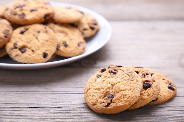 Chocolate chip cookies on plate on grey wooden background