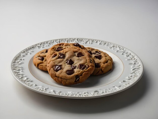 chocolate chip cookies on a plate in white background