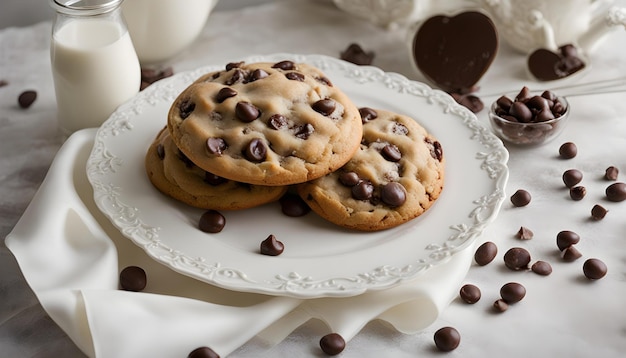 chocolate chip cookies on a plate with chocolate chips and chocolate chips