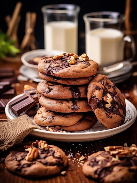 chocolate chip cookies on a plate with a white plate and a white plate with a white candle in the background.