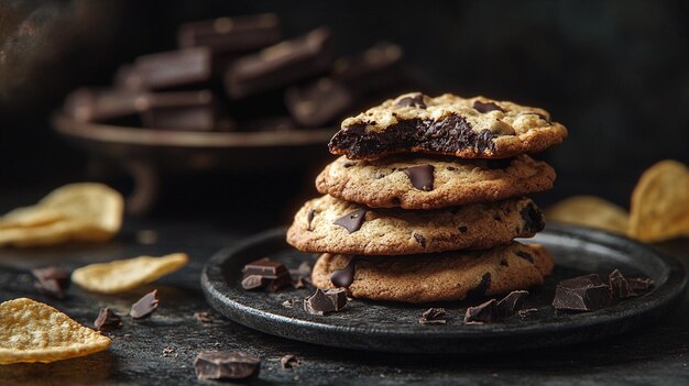 Photo chocolate chip cookies on a plate with a yellow banana