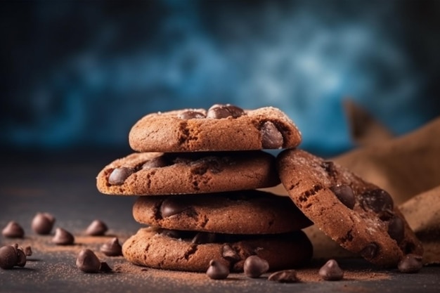 chocolate chip cookies stacked on top of each other with chocolate chips scattered around them generative ai