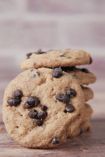 Chocolate chip cookies on table close up