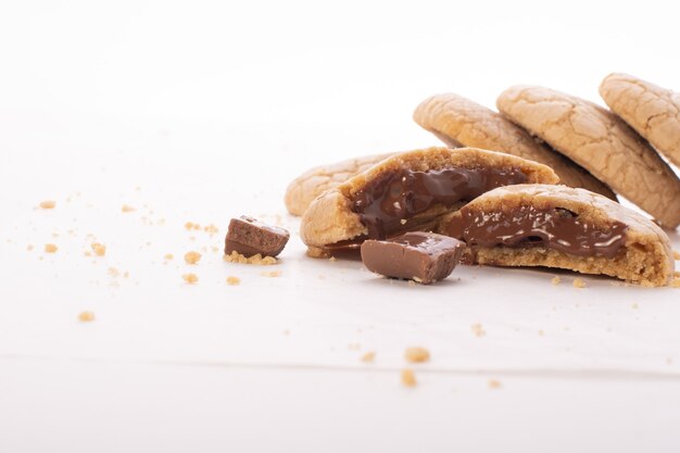 Chocolate chip cookies on white background