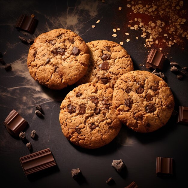 chocolate chip cookies with chocolate chips and chocolate chips on a black background