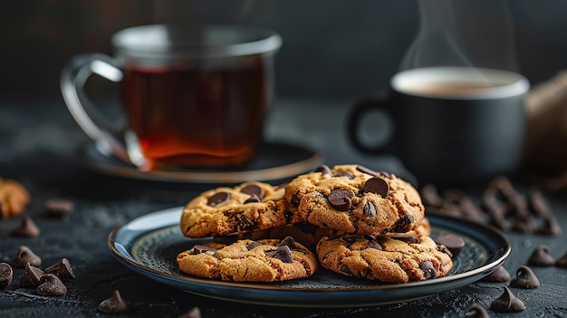 Chocolate chip cookies with cup of tea