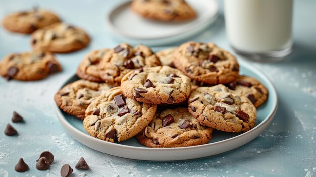 Chocolate chip cookies with milk on light blue background for nostalgic snack scene