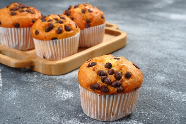 Chocolate chip muffins on grey background