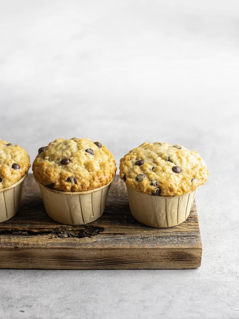 Chocolate chip muffins on wooden board on light gray background with text space