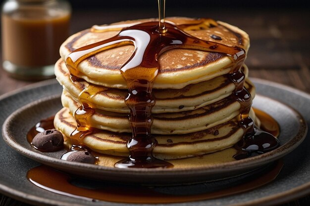 Chocolate chip pancakes with syrup