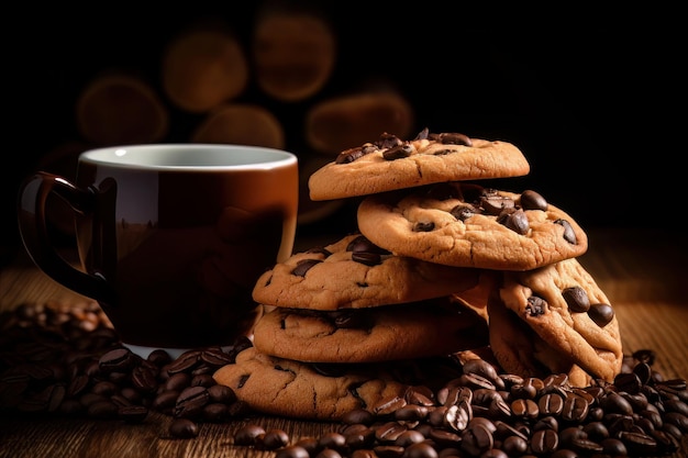 chocolate chips cookies coffee spoons on black