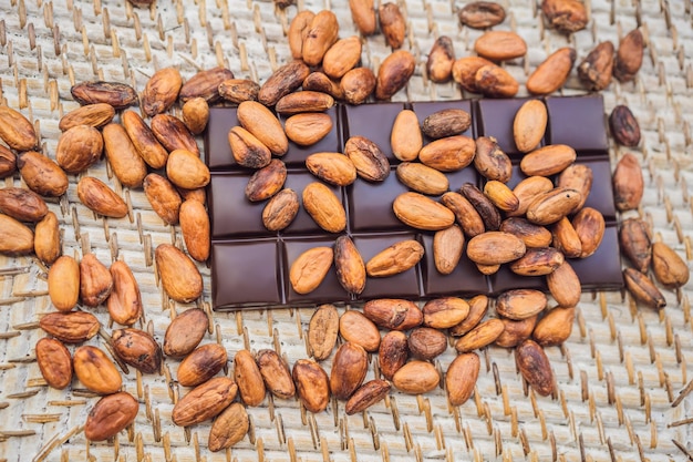 Chocolate and cocoa beans on a straw background