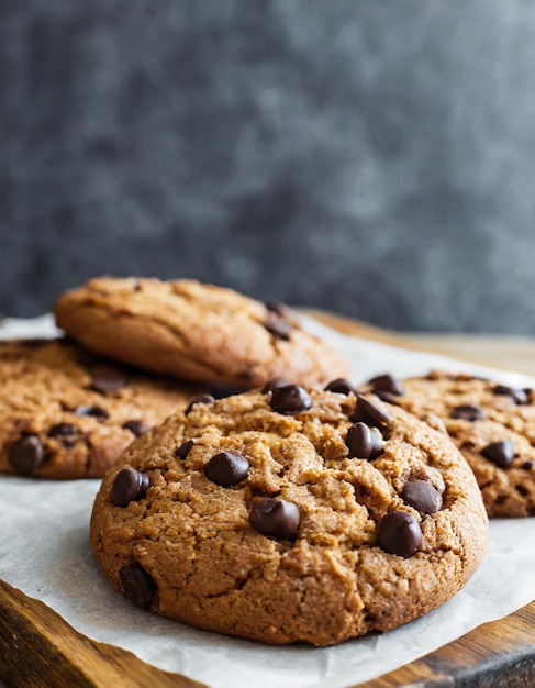 Chocolate cookies on baking paper on a wooden board