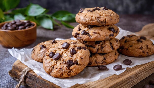 Chocolate cookies on baking paper on a wooden board