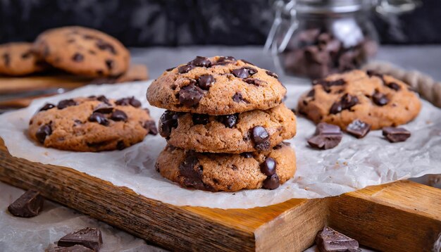 Chocolate cookies on baking paper on a wooden board