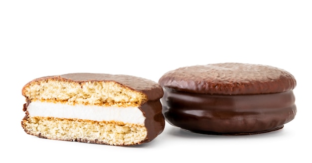 Chocolate cookies closeup on a white background. Isolated