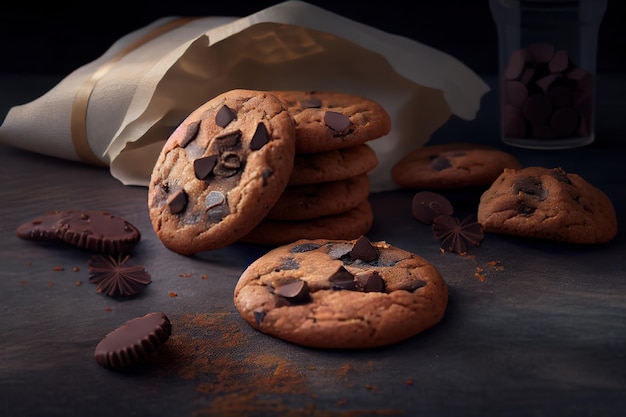 Chocolate cookies on grey table Chocolate chip cookies shot Generative Ai