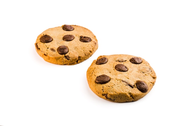 Chocolate cookies isolated on white background. Close-up Macro. Selective focus.