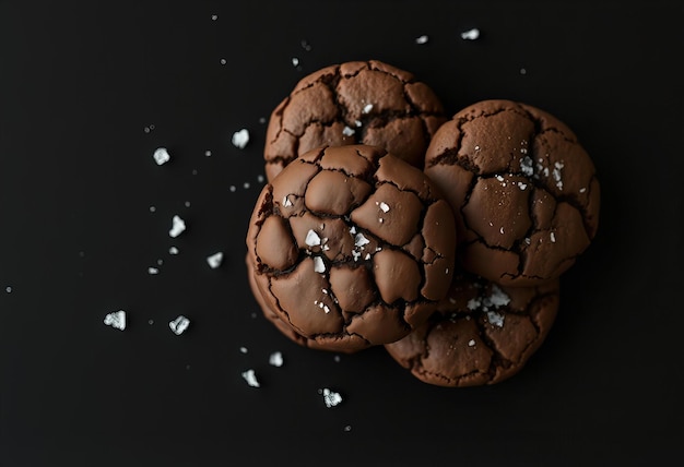 Photo chocolate cookies with dark sea salt on black background food photography