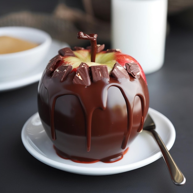 A chocolate covered apple sits on a plate with a spoon next to it.