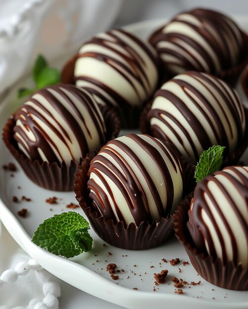 chocolate covered chocolates on a white plate with a sprig of mint generative ai