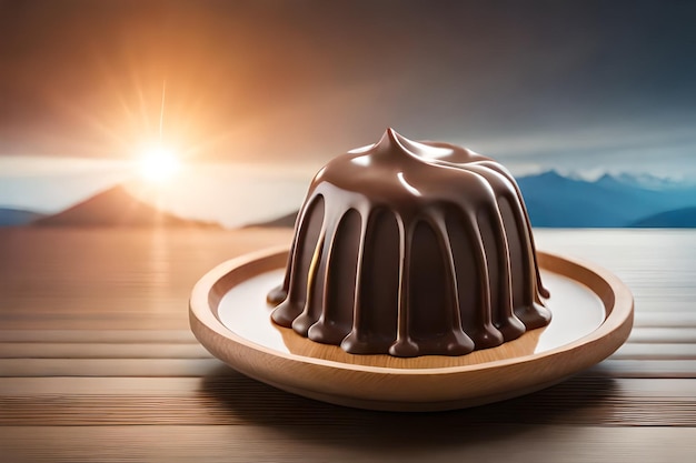 A chocolate covered dessert on a wooden table with a sunset in the background