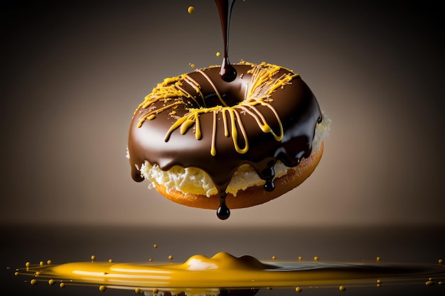 A chocolate covered donut is being dipped in chocolate