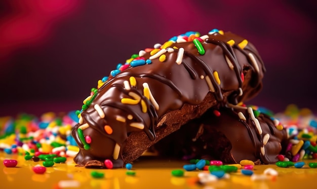 A chocolate covered donut with sprinkles on top of it