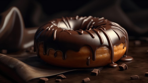 A chocolate covered doughnut with chocolate glaze and a cup of coffee