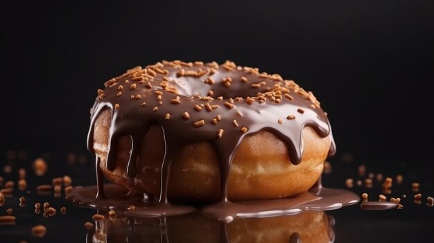 A chocolate covered doughnut with chocolate sprinkles on top