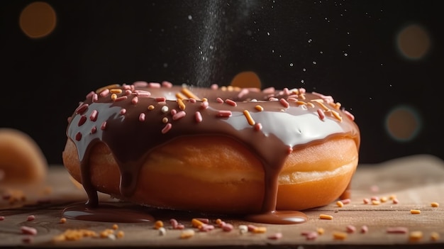 A chocolate covered doughnut with sprinkles sprinkled on top