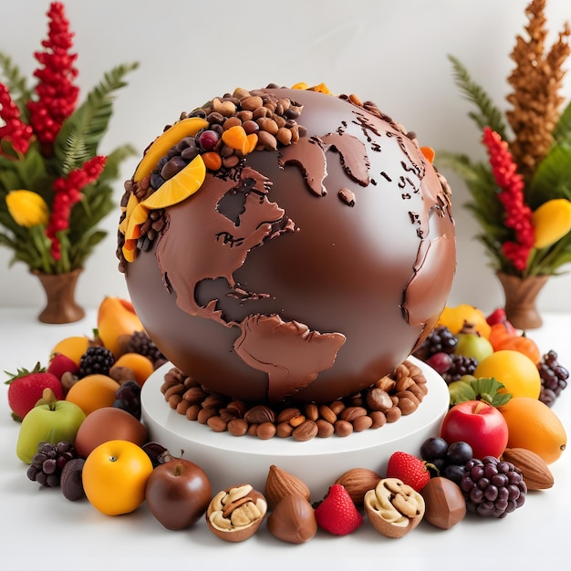 a chocolate covered globe with chocolates fruits and nuts world chocolate day