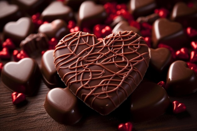 Chocolate covered gummy candies arranged in a heart shape with Sweet Chocolate Day text