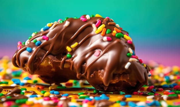 A chocolate covered ice cream cone with sprinkles on it.