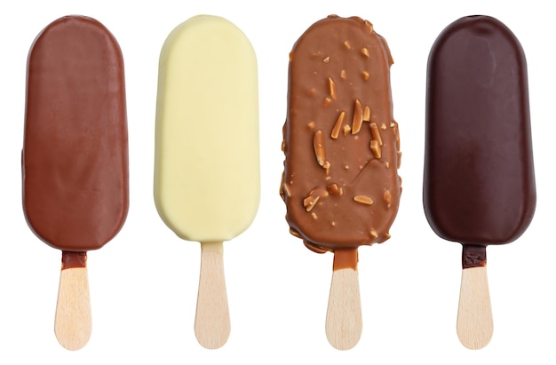 Chocolate covered ice cream flavor variety collection on a stick icecream icecream isolated