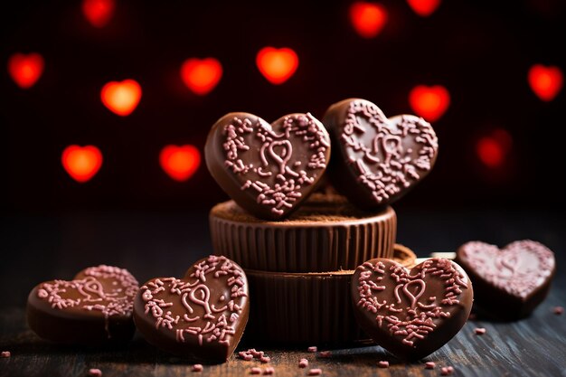 Chocolate covered marshmallow pops arranged in a heart shape with Chocolate Day Greetings text