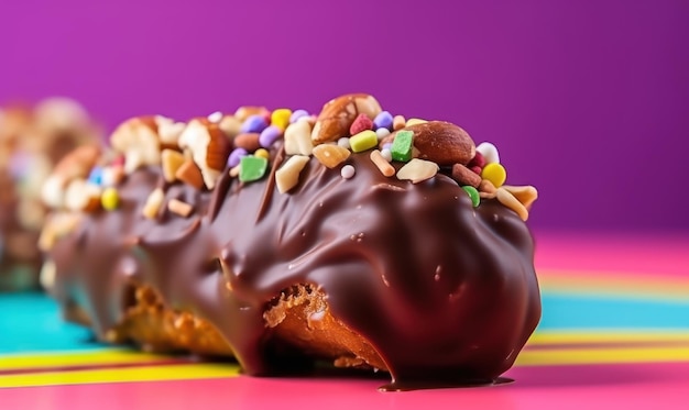 A chocolate covered pastry with chocolate and multicolored candies is on a colorful table.