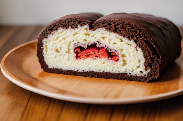 A chocolate covered pastry with a red filling inside