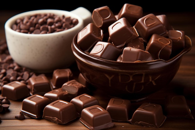 Chocolate covered popcorn arranged in a bowl with Enjoy Chocolate Day text