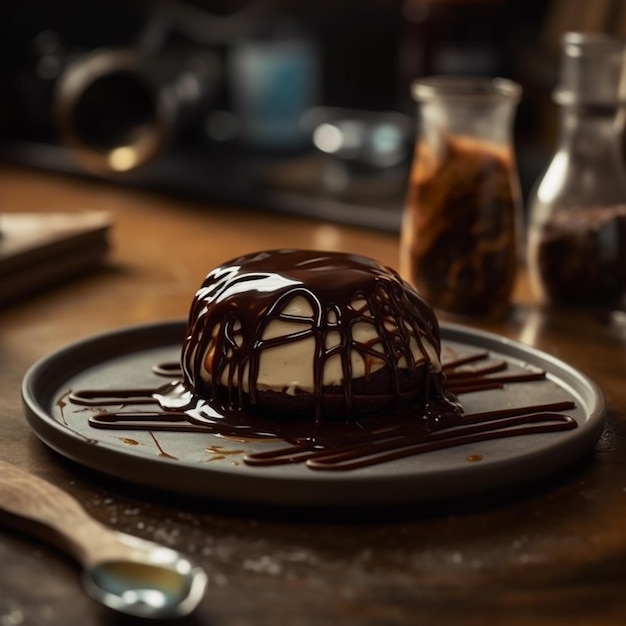 A chocolate covered pudding with chocolate sauce and drizzled with chocolate.